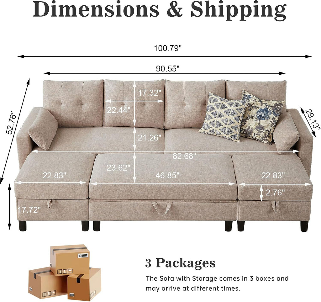 101' Convertible Sectional Sofa with Ottoman Coffee Table, Modern Linen Fabric U-Shaped Couch with Storage Pocket, 4 Seat Sofa Couches for Living Room, Apartment, Office, Beige