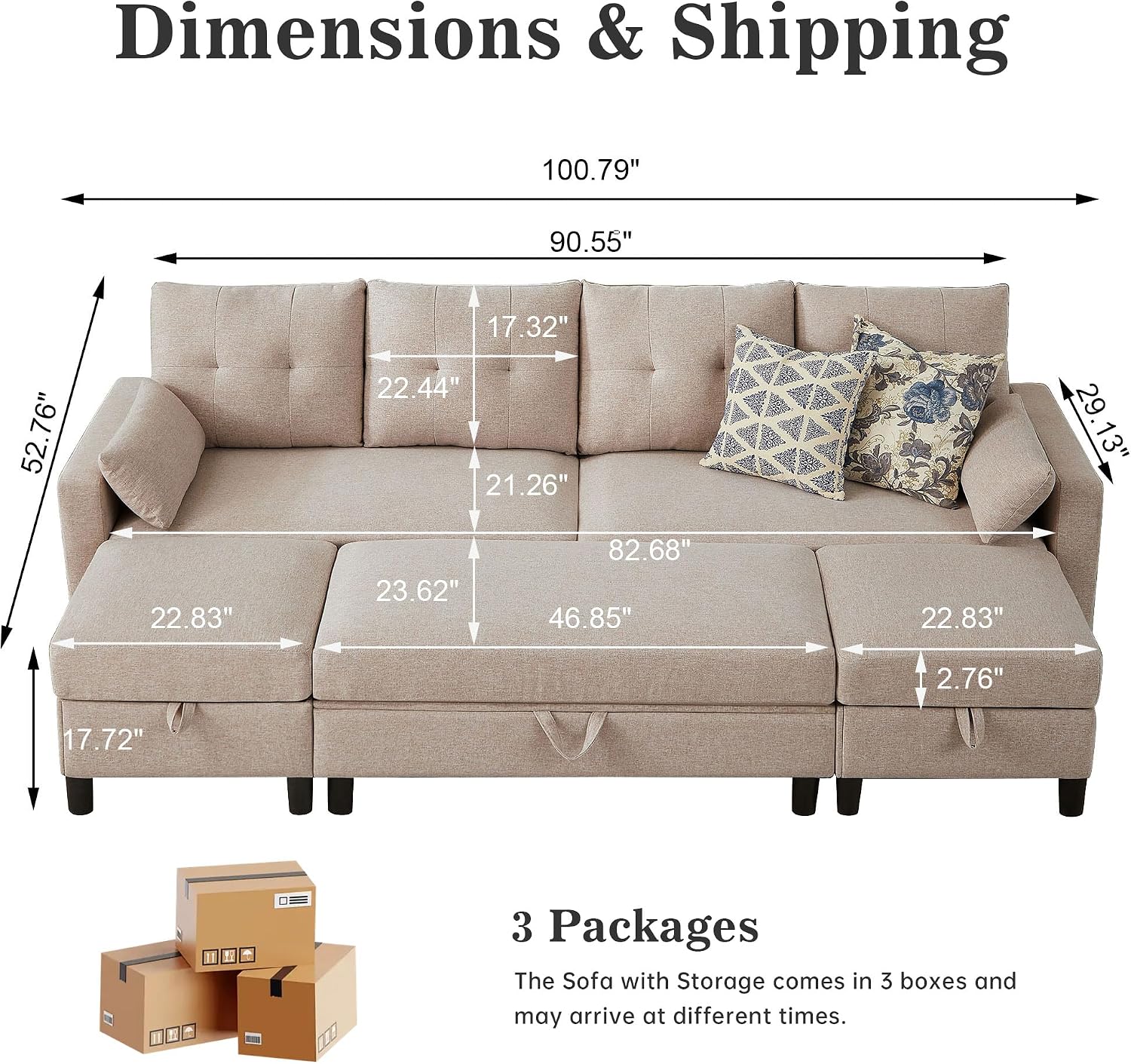 101' Convertible Sectional Sofa with Ottoman Coffee Table, Modern Linen Fabric U-Shaped Couch with Storage Pocket, 4 Seat Sofa Couches for Living Room, Apartment, Office, Beige