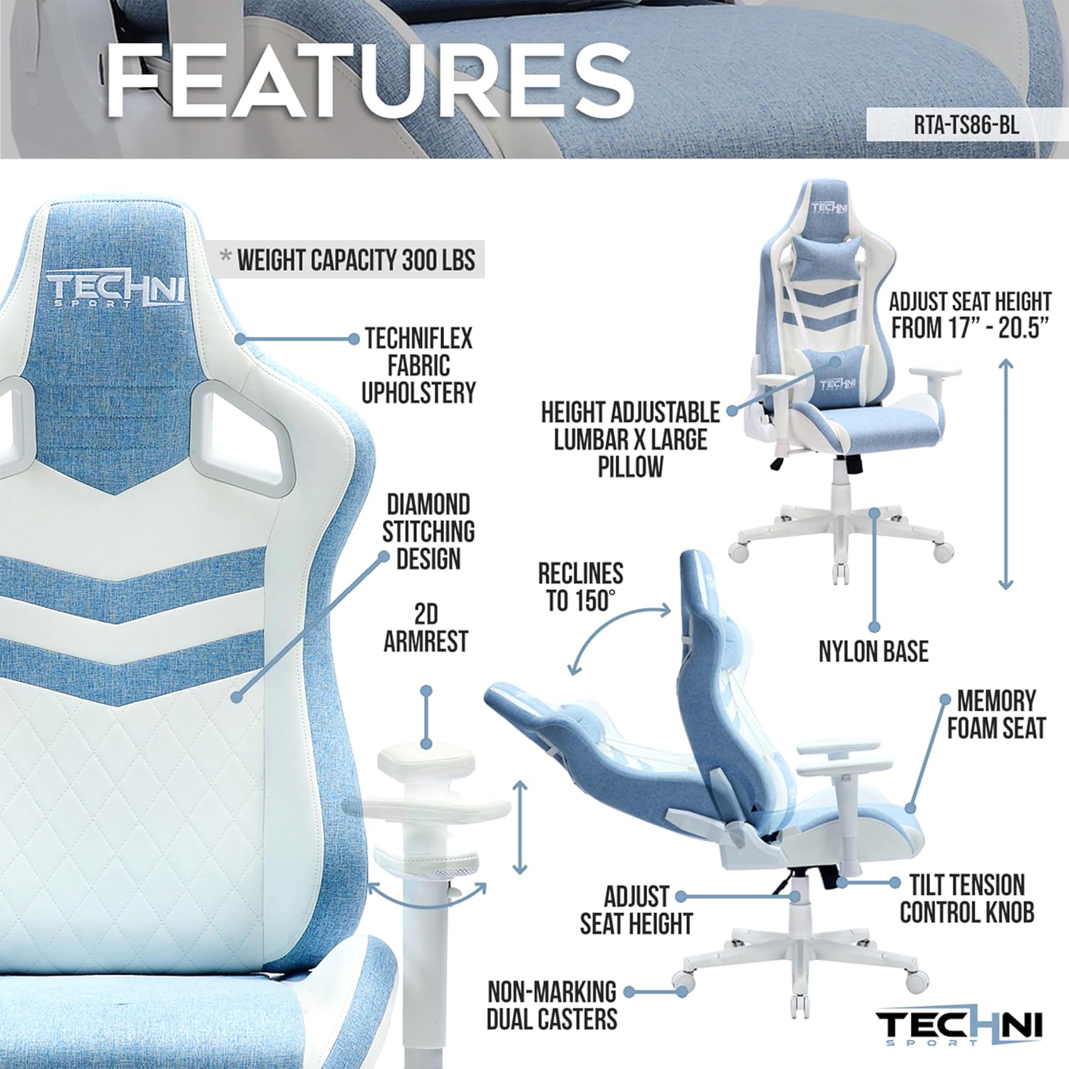 Ergonomic Office Gaming Chairs for Adults 400 Lb, High-Back Computer Desk Chair with 2D Armrests, 150° Swivel, Lumbar Support,Comfy Reclining Cute Chair for Home Computer, for Small Spaces,Blue