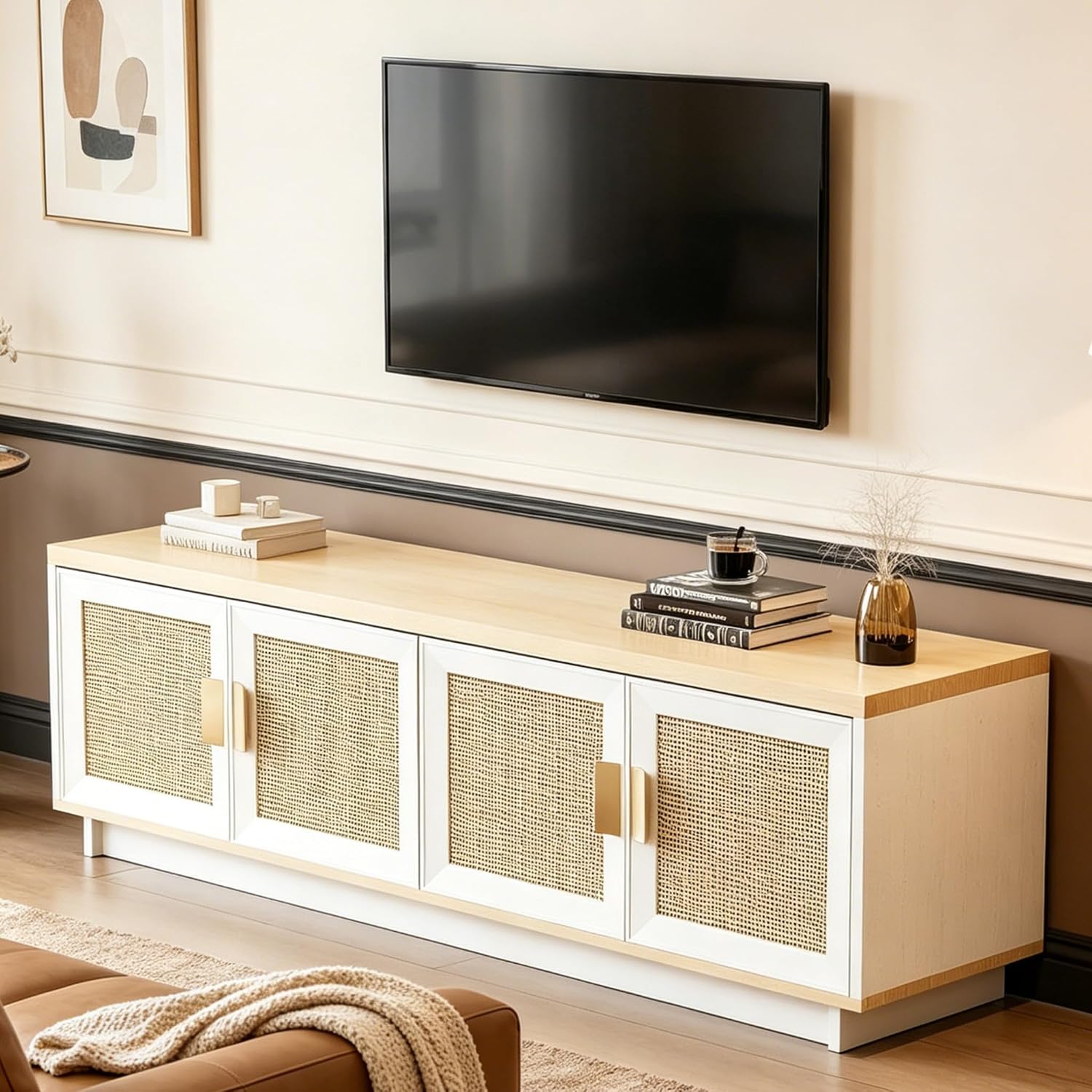 PROXRACER Rattan TV Stand for 65 Inch TV, Boho Media Console with 4 Woven Cane Doors, Modern Farmhouse Entertainment Center, Low Profile TV Cabinet with Storage for Living Room, White & Light Wood