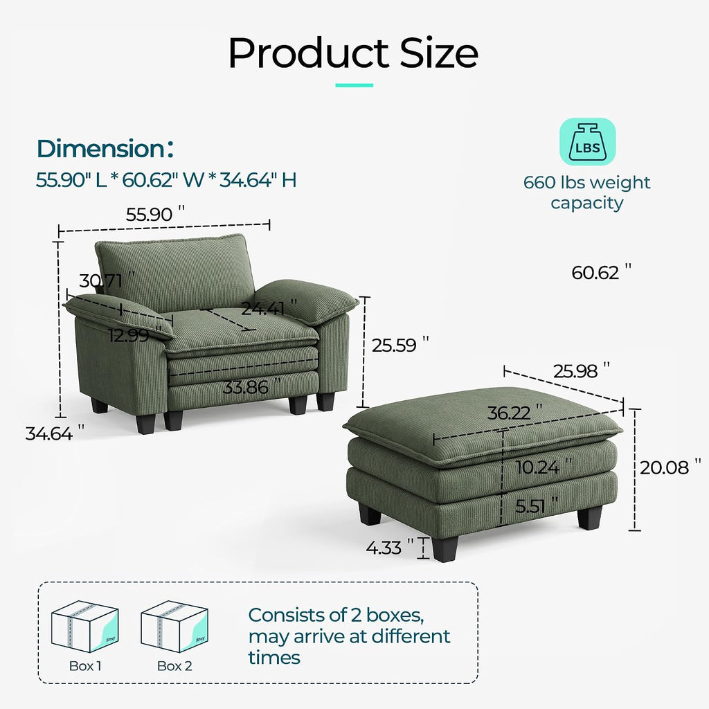 LINSY HOME Cloud Sofa Accent Chair with Ottoman Chaise Lounge Chair Indoor, Corduroy Couch Sofa Chair for Living Room Apartment Bedroom Office, Green