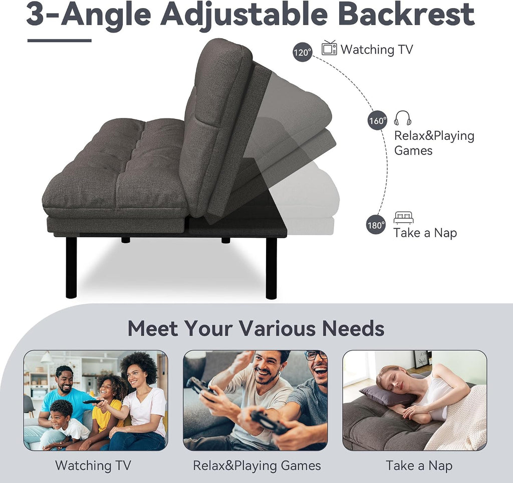 Convertible Futon Sofa Bed,Linen Futon Couch with Detachable Cushion,Adjustable Backrest & Armrest,Modern Small Loveseat Sleeper Recliner for Living Room,Office,Apartment,Dark Grey