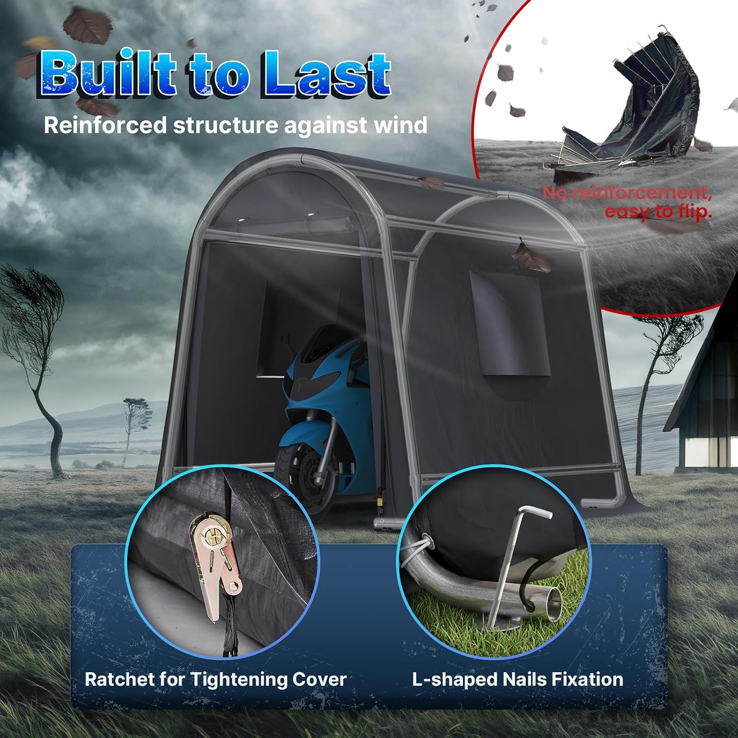 ADVANCE OUTDOOR 6x8 ft Storage Shed Shelter Steel Metal Round Peak Roof Portable Garage Carport for Motorcycle, Boat, or Garden Tools with 2 Roll up Doors & Vents,Dark Gray