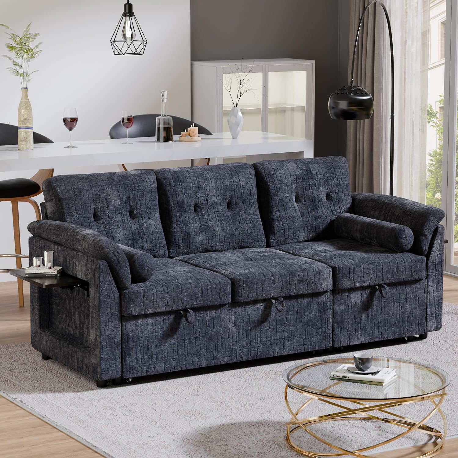 Convertible Sleeper Sofa Bed, 63 Inch Chenille Pull Out Couch with Side Table & Adjustable Backrest, Sectional Sleeper Sofa with Pull Out Bed for Living Room, Apartment, Blue