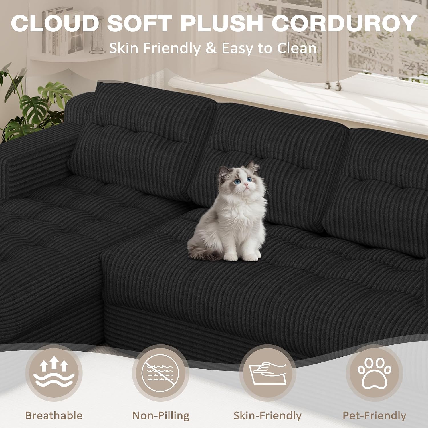 Boneless Couch, 2026 New Boneless Sectional Couch with Deep Seat & Chaise for Small Spaces, Upholstered Cloud Couch Sectional Boneless Couches for Living Room, No Assembly, Left Facing Chaise, Black