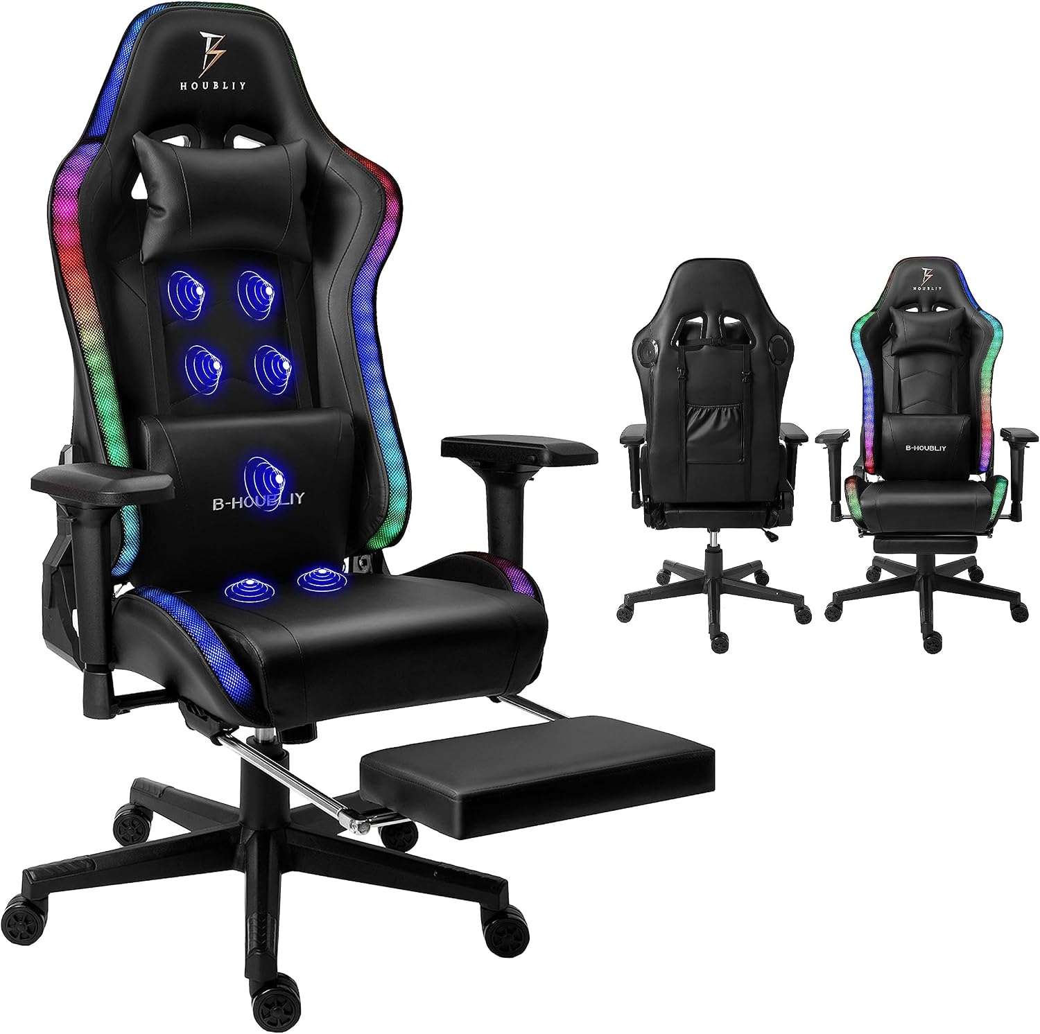 Gaming Chair with Massage and Speakers,Ergonomic Video Gaming Chair with Footrest and Lumbar Support,RGB Racing Gaming Chair, Computer Chair for Adults and Teens, 400lb.,Black