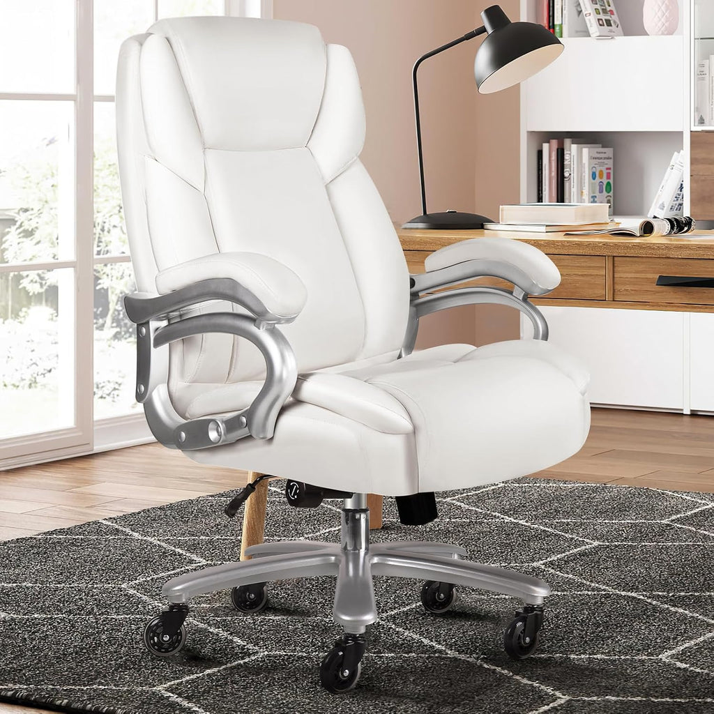 VITESSE 600lbs Heavy Duty Office Chair for Low Back Pain Relief, Big and Tall Office Chair with Ergonomic Lumbar Support, High Back Executive Chair with Quiet Rubber Wheel（White）