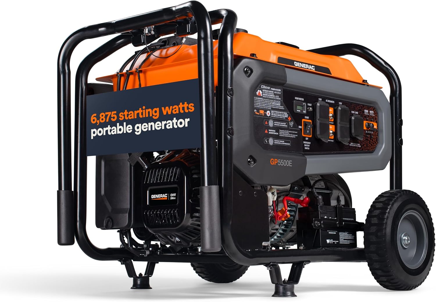 Generac 6,875 Starting Watt Portable Gas Generator - Electric Start - Home Backup or RV Ready - Heavy Duty Frame - Quiet, Long Runtime, Emergency Power - 50-State Compliant