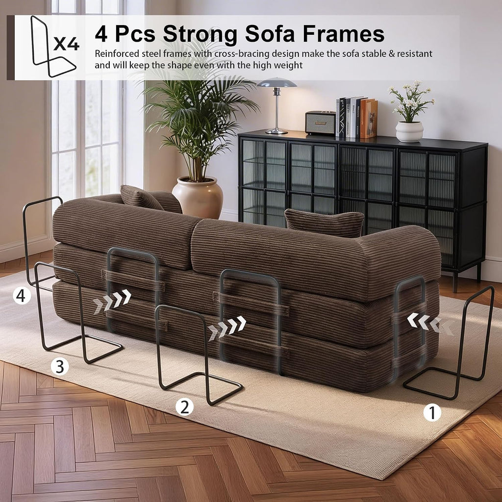 JJJ 78 inch Sofa Bed 4-in-1 Boneless Convertible Corduroy Sleeper Folding Couch with Fixed-Shape Frame and 2 Futons No Assemble Required 3 Seater Upholstered for Living Room (Brown, 78 inch)
