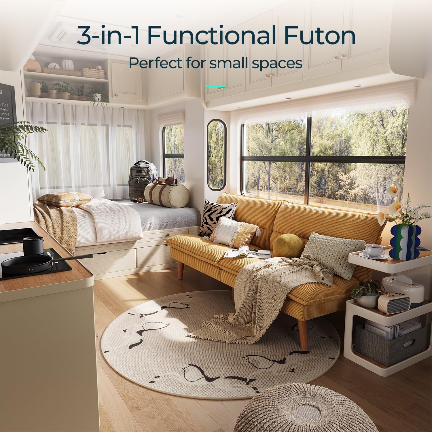 LINSY Futon Sofa Bed - 71 Inch Corduroy Futon Couch with Adjustable Backrest Convertible Folding Futons Sofa Couches for Small Spaces Living Rooms Apartment Office (Yellow)