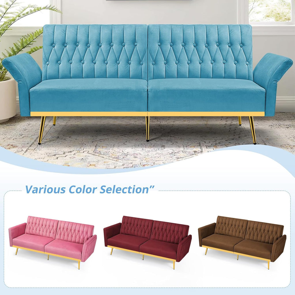 2 Pieces Velvet Sofa Set with Adjustable Armrest and Backrest, 70' Convertible Futon Sofa Bed & Mordern Accent Chair with Ottoman for Living Room, Bedroom, Baby Blue