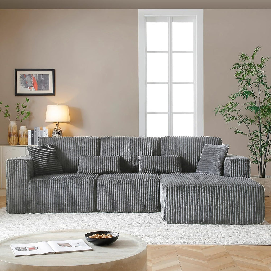 108' Boneless Couches for Living Room, L Shaped Comfy Cloud Modular Sectional Memory Foam Deep Seat Boneless Couch, No Assembly Required Sofa for Living Room with Right Facing Chaise, Dark Grey
