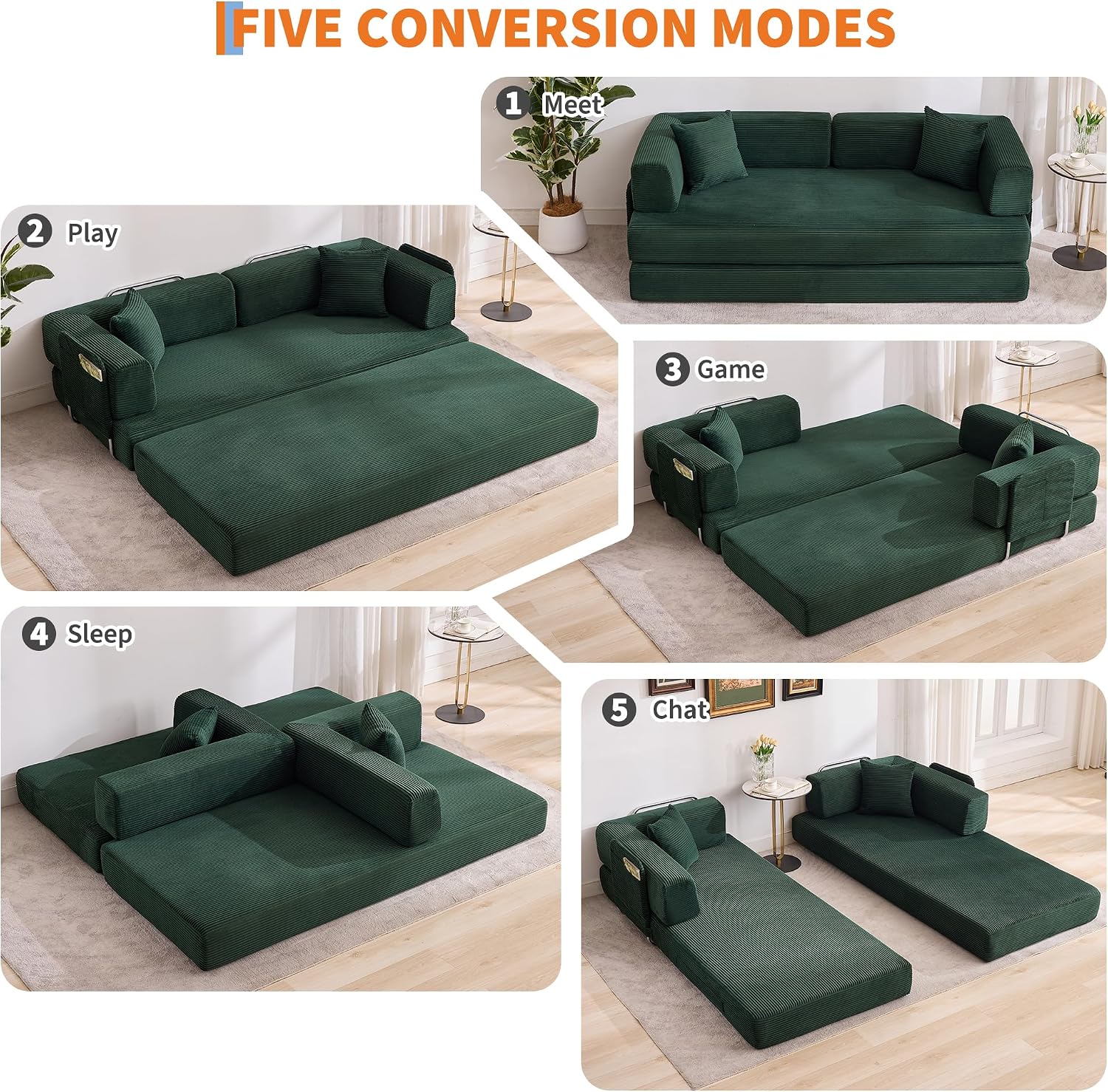 Garvee 5-in-1 Convertible Sofa Bed, 78.8' Modular Corduroy Sleeper with Sturdy Frame & No Assembly, Multi-Functional Futon for Small Space, Living Room & Guest Room (Green) (Dark Green)