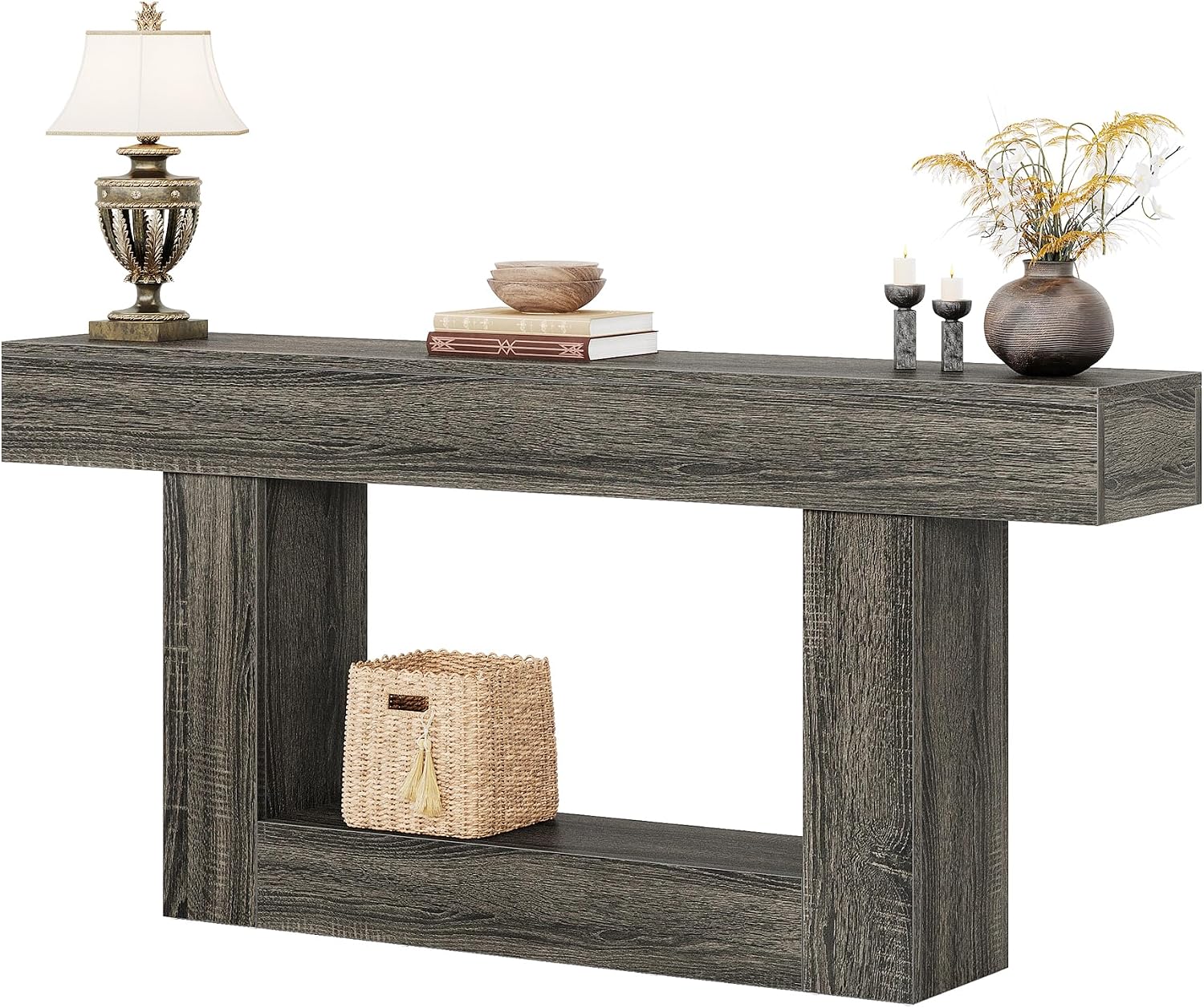 Tribesigns 63' Console Table, Farmhouse 2-Tier Entryway Table with U-Shaped Base, Narrow Long Wood Sofa Table Behind Couch Table for Living Room, Hallway, Foyer, Gray