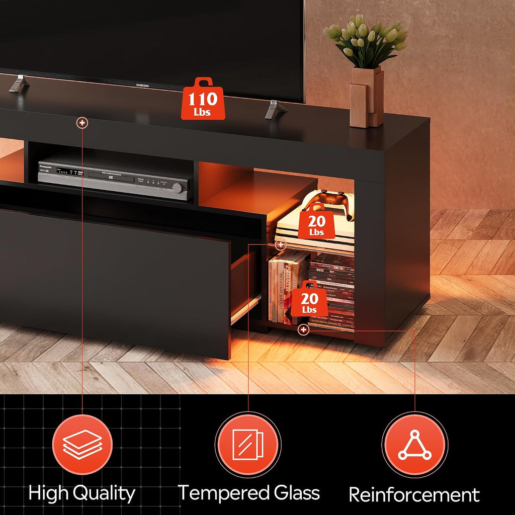 WLIVE TV Stand with LED Lights & 2 Large Storage Drawers, Modern Entertainment Center for 32/43/50/55/60 Inchs TVs, Sturdy TV Console for Living Room, Bedroom(Black)