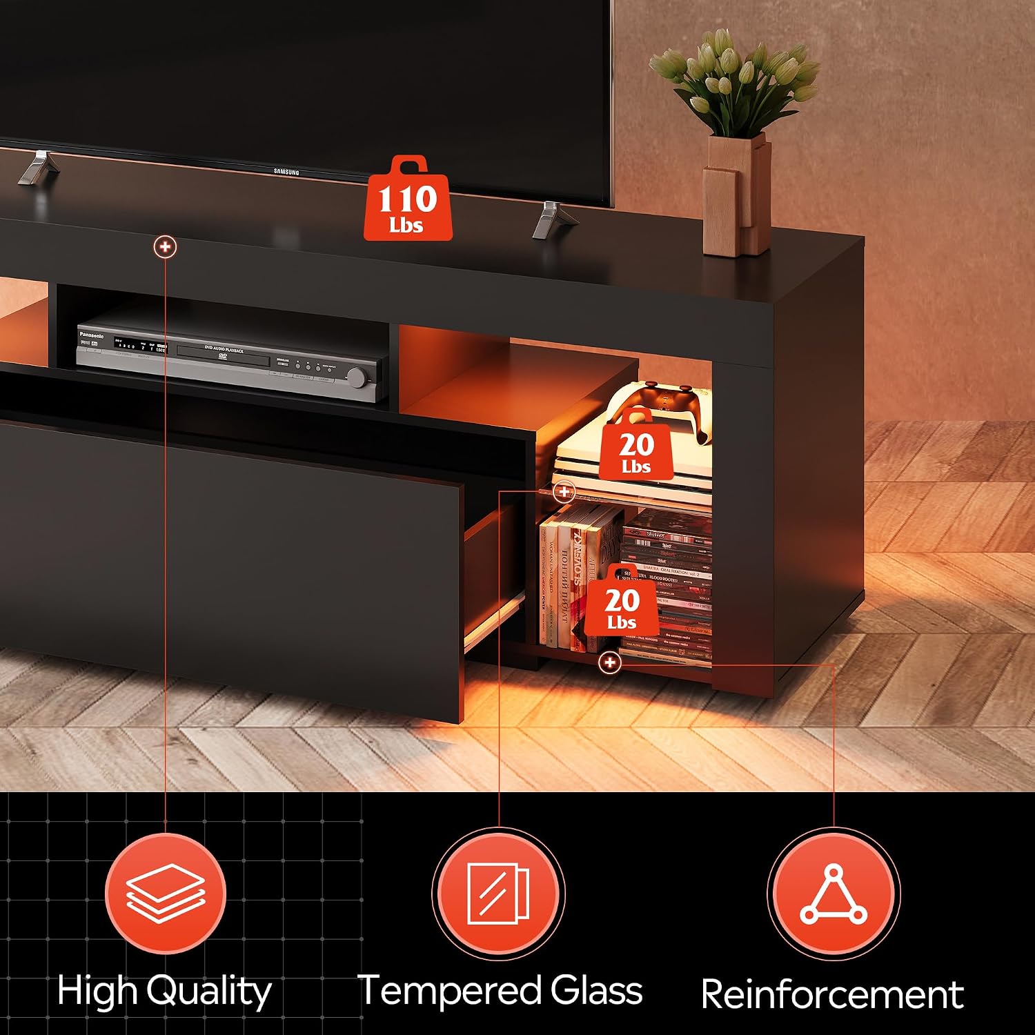 WLIVE TV Stand with LED Lights & 2 Large Storage Drawers, Modern Entertainment Center for 32/43/50/55/60 Inchs TVs, Sturdy TV Console for Living Room, Bedroom(Black)