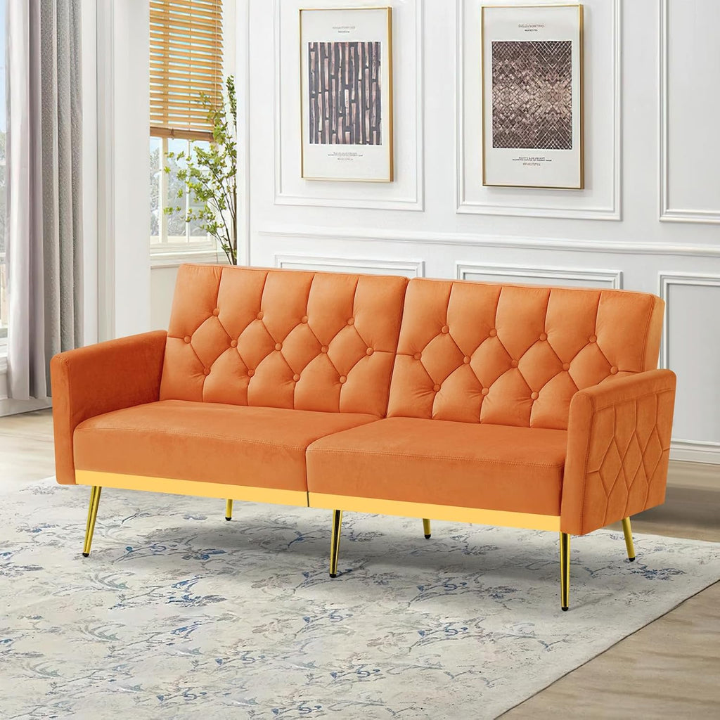 Velvet Sofa Bed w/Adjustable Armrests and Backrests, Modern Convertible Sleeper Sofa, Tufted Futon Sofa for Bedroom, Living Room, Apartment, Orange