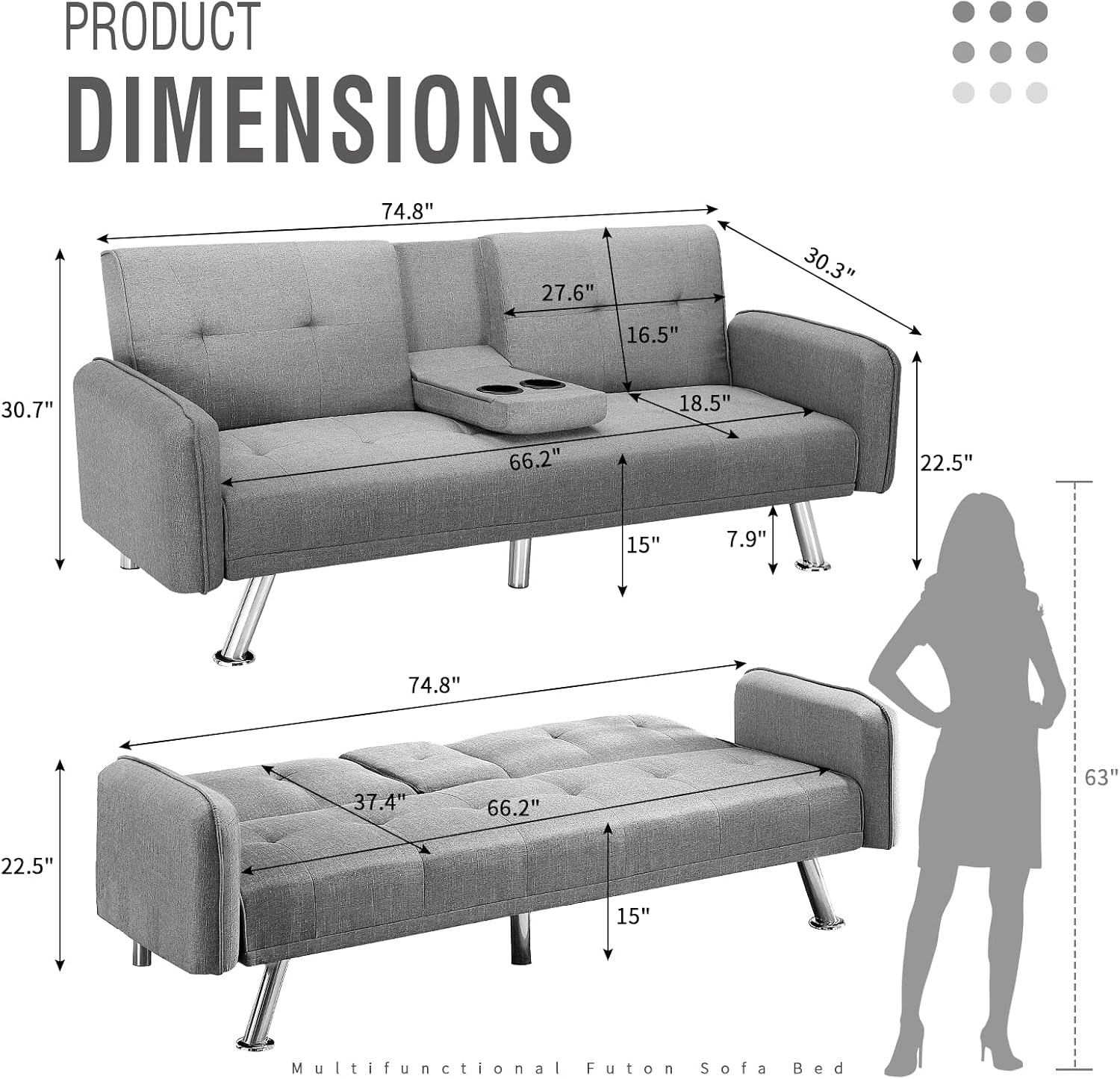 Futon Sofa Bed, Convertible Couch with 2 Cup Holders, Loveseat with Armrest for Studio, Apartment, Office, Living Room, Light Grey