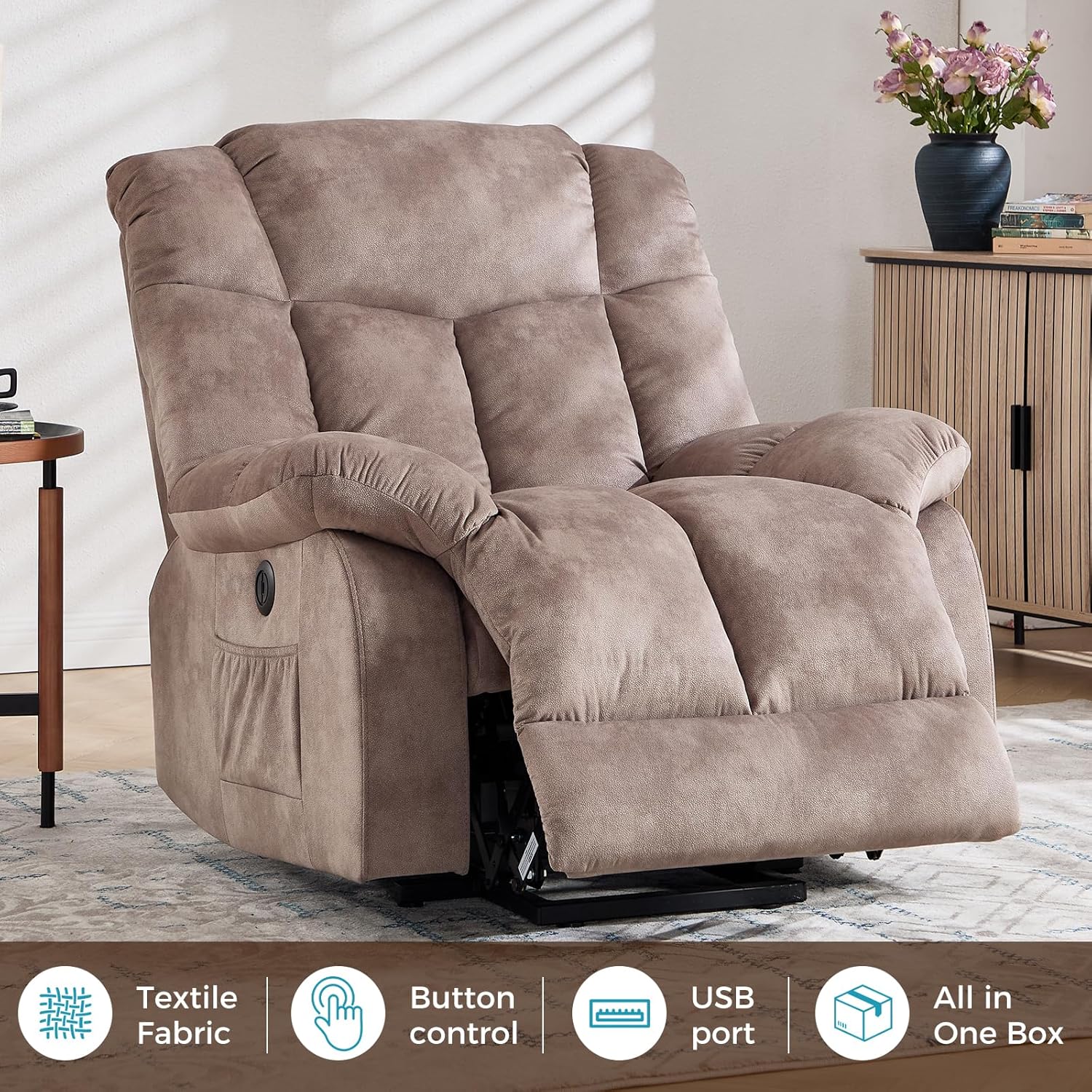 CANMOV Power Lift Recliner Chair for Elderly, Heavy Duty and Safety Motion Reclining Mechanism-Antiskid Fabric Sofa Living Room Chair with Overstuffed Design, Light Tan