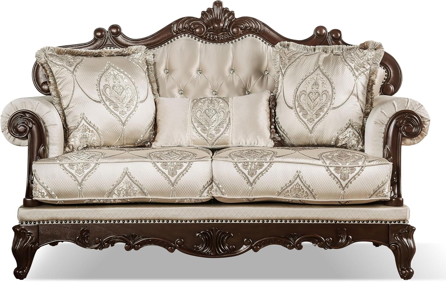 Furniture of America Adelaide Traditional Upholstered Sofa with Rolled Armrests and Button Tufted Back, Wooden Comfortable Couch for Living Room, Office, Bedroom, 2-Seater Loveseat, Dark Cherry/Beige