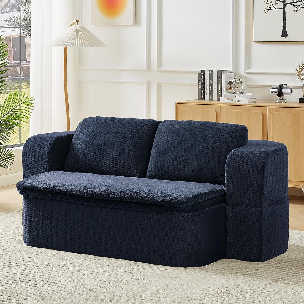 Futon Sofa Bed with Blanket, Convertible Folding Boneless Compressed Faux Fur Memory Foam Floor Loveseat Sleeper Sofa Couch Full Size Bed with Pillows for Guest Room Living Room Small Space, Blue
