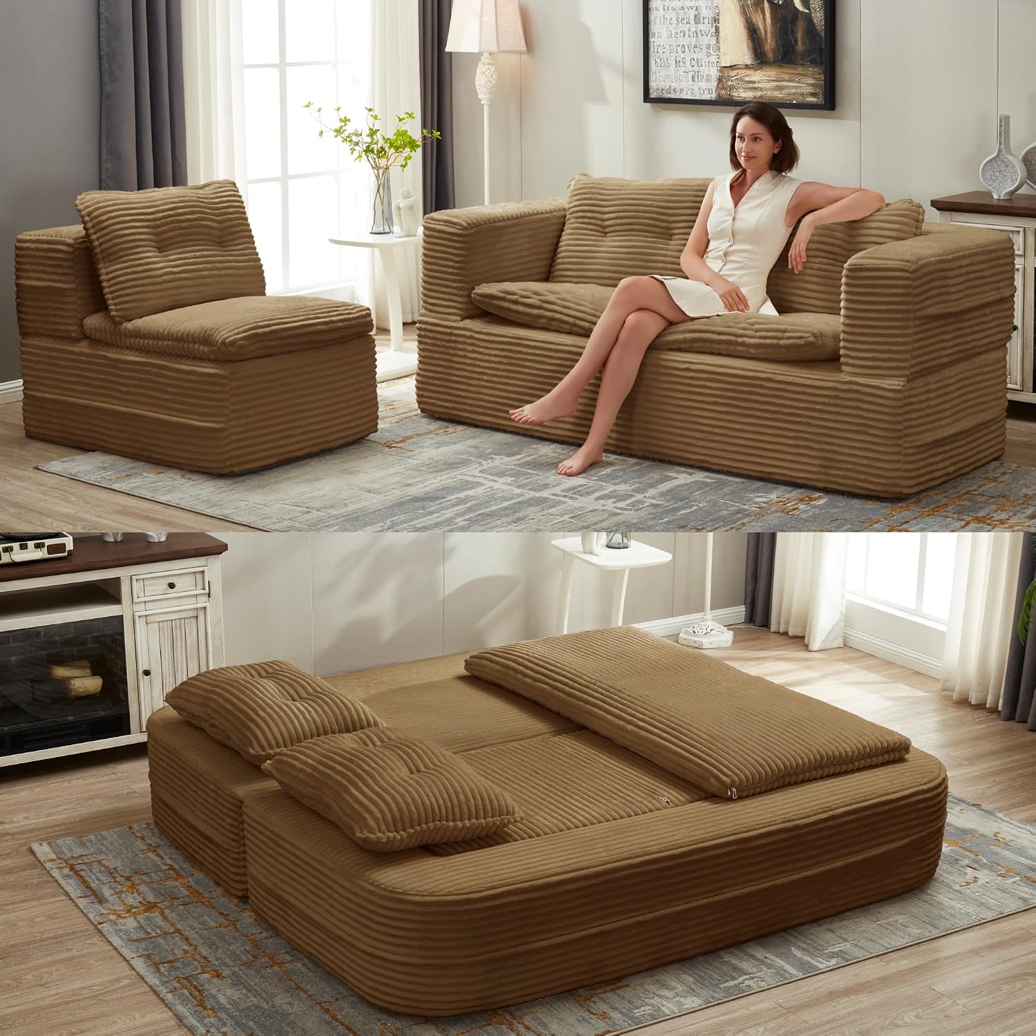 80'' Futon Sofa Bed, King Size Foldable Sleeper Sofa, Corduroy Boneless Loveseat Couch with Chaise Lounge, 3 Pillows, Blanket, Upholstered Sectional Couches for Living Room, Bedroom, Camel