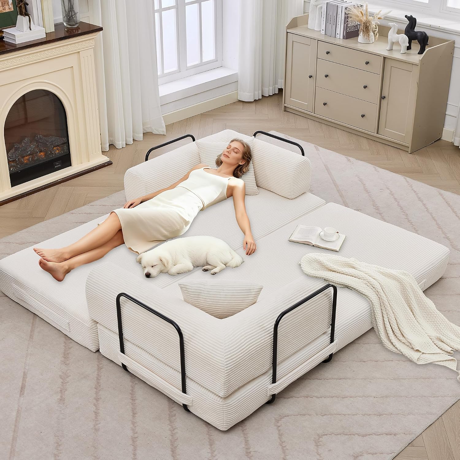 IDEALHOUSE 4 in 1 Convertible Sleeper Sofa Bed Couch, 79 Inch Boneless Corduroy Floor Couch with Pillows, No Assembly, Modern Deep Seat Sofa Futon Mattress for Living Room,Apartment,Beige