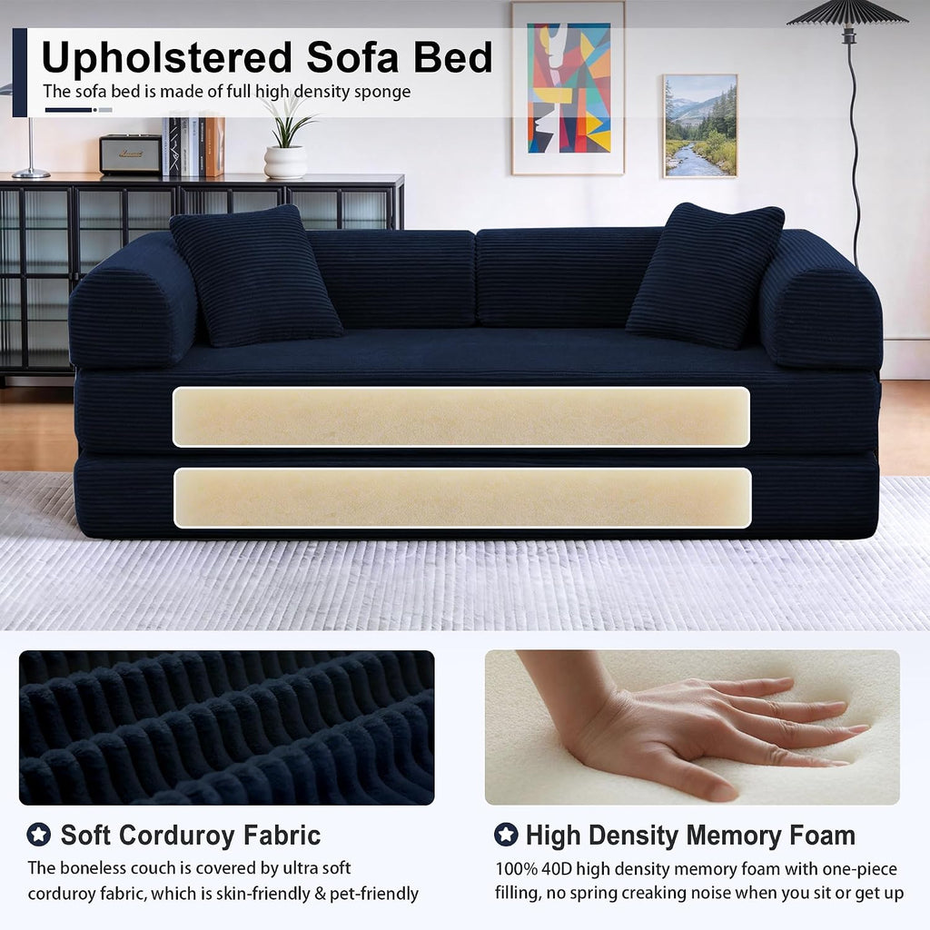 JJJ 78 inch Sofa Bed 4-in-1 Boneless Convertible Corduroy Sleeper Folding Couch with Fixed-Shape Frame and 2 Futons No Assemble Required 3 Seater Upholstered for Living Room (Blue, 78 inch)