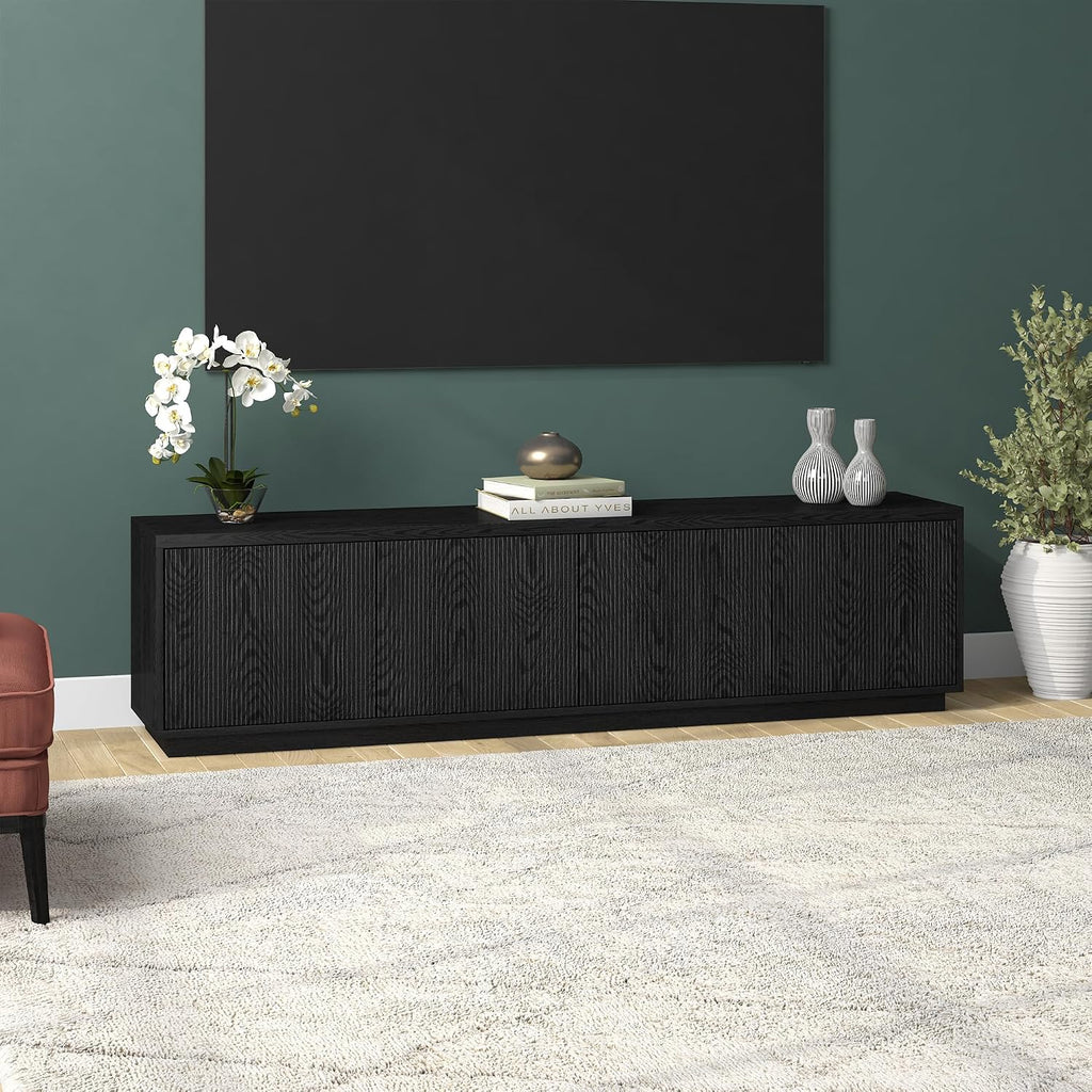 Henn&Hart Fluted TV Stand for TVs up to 85' with 2 Concealed Ribbed Storage Cabinets and Adjustable Shelves for Living Room, Family Room, or Office, Natural Black