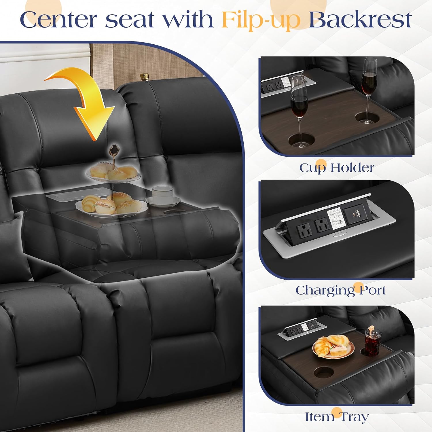 TUNYI Power Loveseat Recliner Sofa with Massage & Heat Home Theater Seating with Console RV Recliner Loveseat Sofa with USB/Storage/Side Pocket/LED Light/Speaker (Black, 4 Seat with Corner)