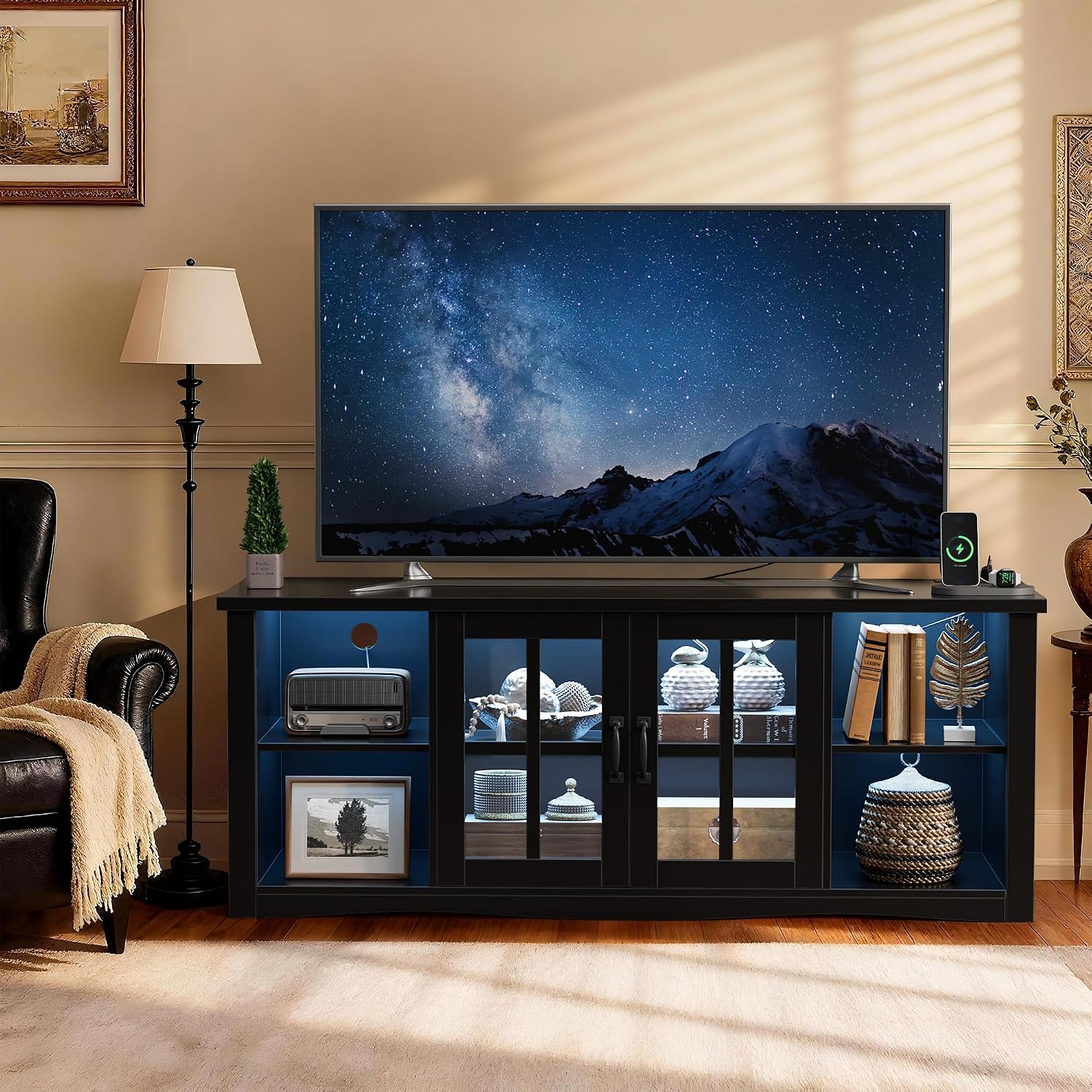 YESHOMY Farmhouse LED TV Stand with Power Outlet, for Televisions up to 65 Inches, Wood Entertainment Center with Glass Door Storage Cabinet, TV Console for Living Room, Black