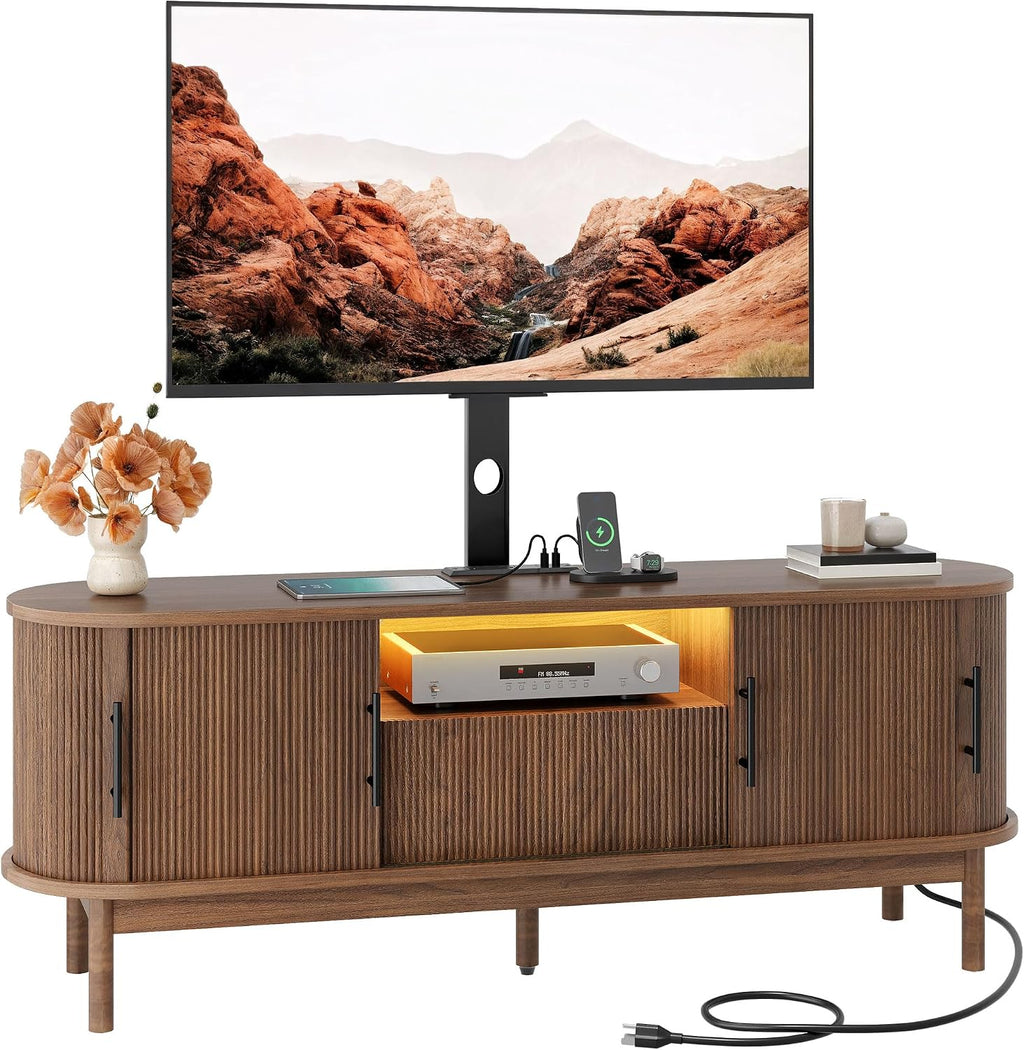 YITAHOME TV Stand with Mount and Power Outlet, Modern Entertainment Center with 3 Height Adjustment TV Mount for 32-70 inch TVs, LED Fluted TV Media Console with Sliding Doors, Curved Profile Design