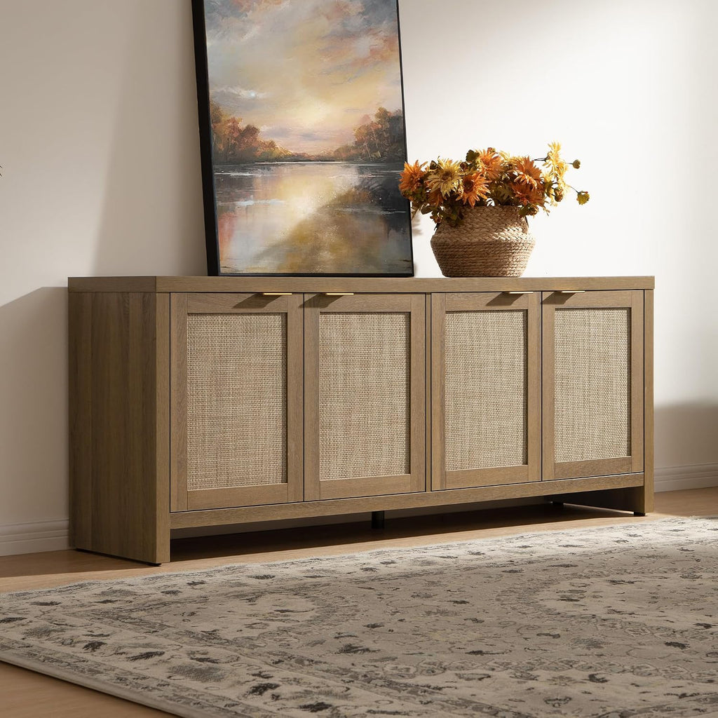 SICOTAS TV Stand for Living Room Boho Entertainment Center for Bedroom with 4 Rattan Cabinets Farmhouse Television Stands with Storage Large Media Console Table for TVs up to 65 Inch