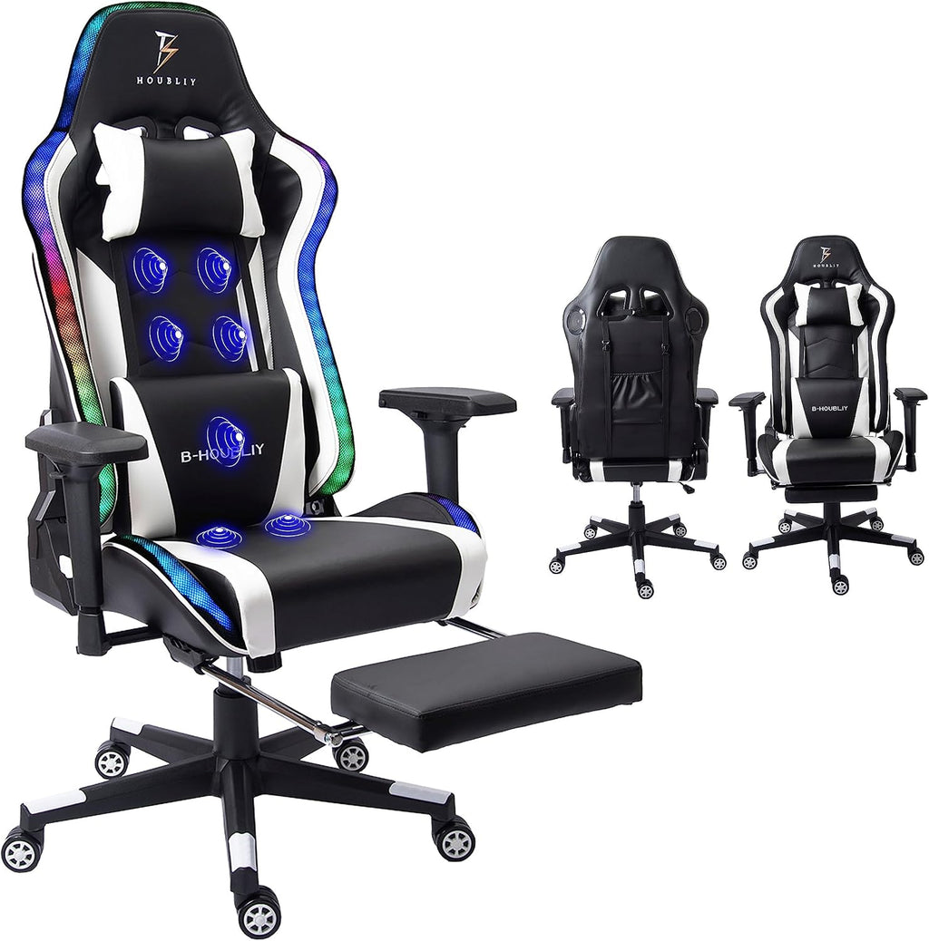 Gaming Chair with Massage and Speakers,Ergonomic Video Gaming Chair with Footrest and Lumbar Support,RGB Racing Gaming Chair, Computer Chair for Adults and Teens, 400lb.,White