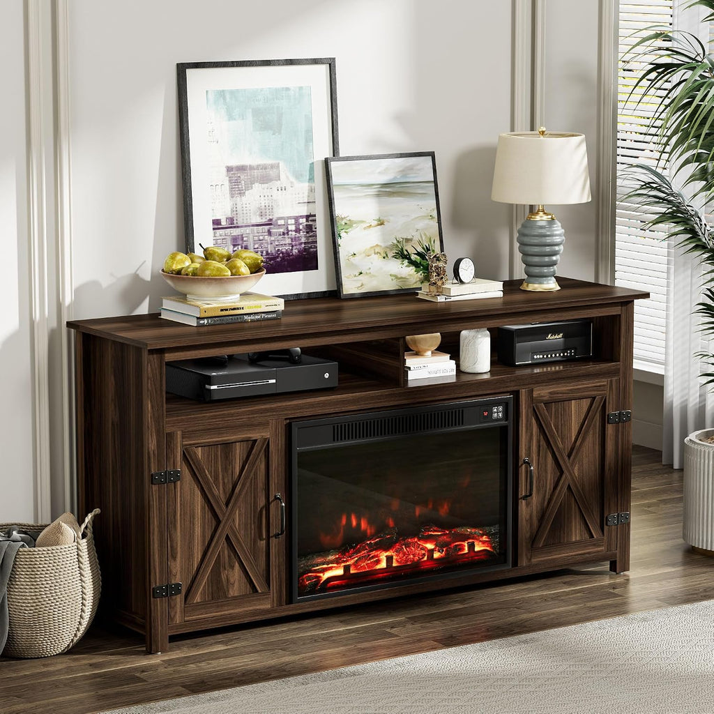 YESHOMY Fireplace TV Stand for Television up to 65+ Inch with Storage and Farmhouse Barn Doors, Entertainment Center with Cabinet and Shelves, Media Console for Living Room, Walnut