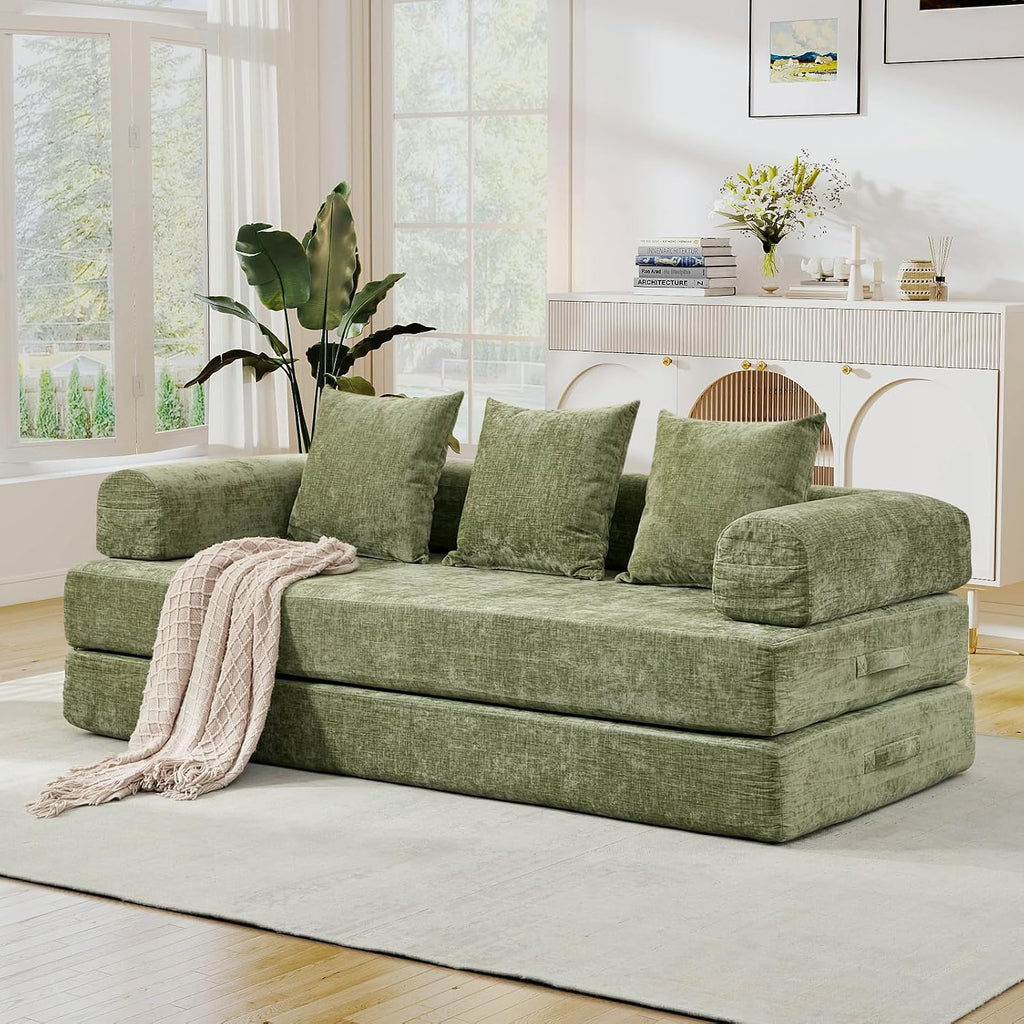 Deolme 3 in 1 Convertible Futon Sofa Bed, Modern King Size Chenille Loveseat Sleeper Sofa Folding, 3-Seater Foldable Lounger Couch Bed for Living Room, Bedroom Guest Room (Green, 3 Throw Pillows)