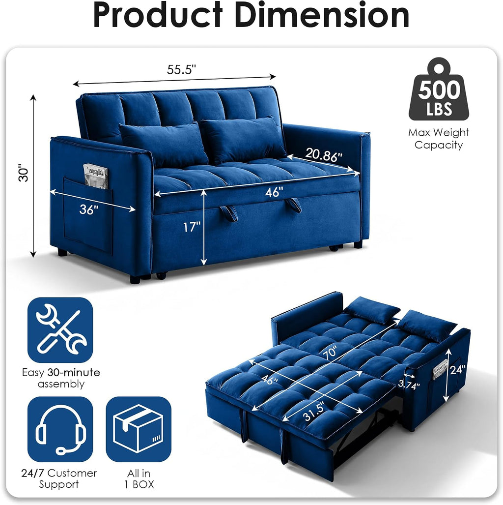 3 in 1 Convertible Sleeper Sofa Bed, 55' Pull Out Couches, Modern Loveseat Sleeper Sofa with Adjustable Reclining Backrest & Side Pockets for Living Room, Velvet Fabric, Blue