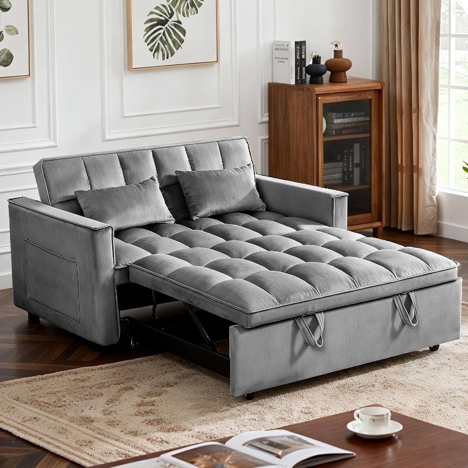 Pull Out Couch, Loveseat Sleeper Sofa Bed with Side Pockets, 3 in 1 Velvet Fabric Convertible Sofa Bed with Adjustable Backrest for Living Room, Bedroom, Apartment, Gray