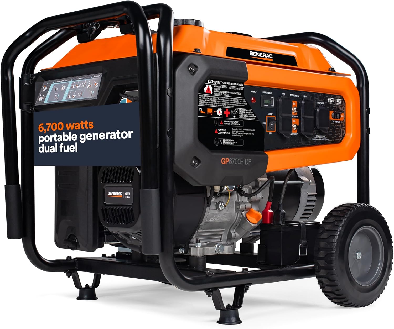 Generac Dual Fuel Portable Gas Generator, 8,250 Starting Watts, Electric Start, COsense Carbon Monoxide Detection, 11 Hour Runtime, Gas or Propane, Heavy Duty Frame, Home Backup Emergency, 49-State