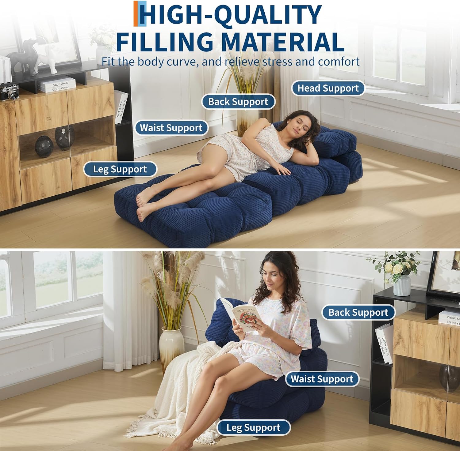 Folding Sofa Bed, 3-in-1 Convertible Sleeper Chair with Pillow, Futon Couch Bed with Back Support, Portable Fold Out Chair Bed Comfy Floor Sofa Lounge for Living Room Bedroom, Navy Blue