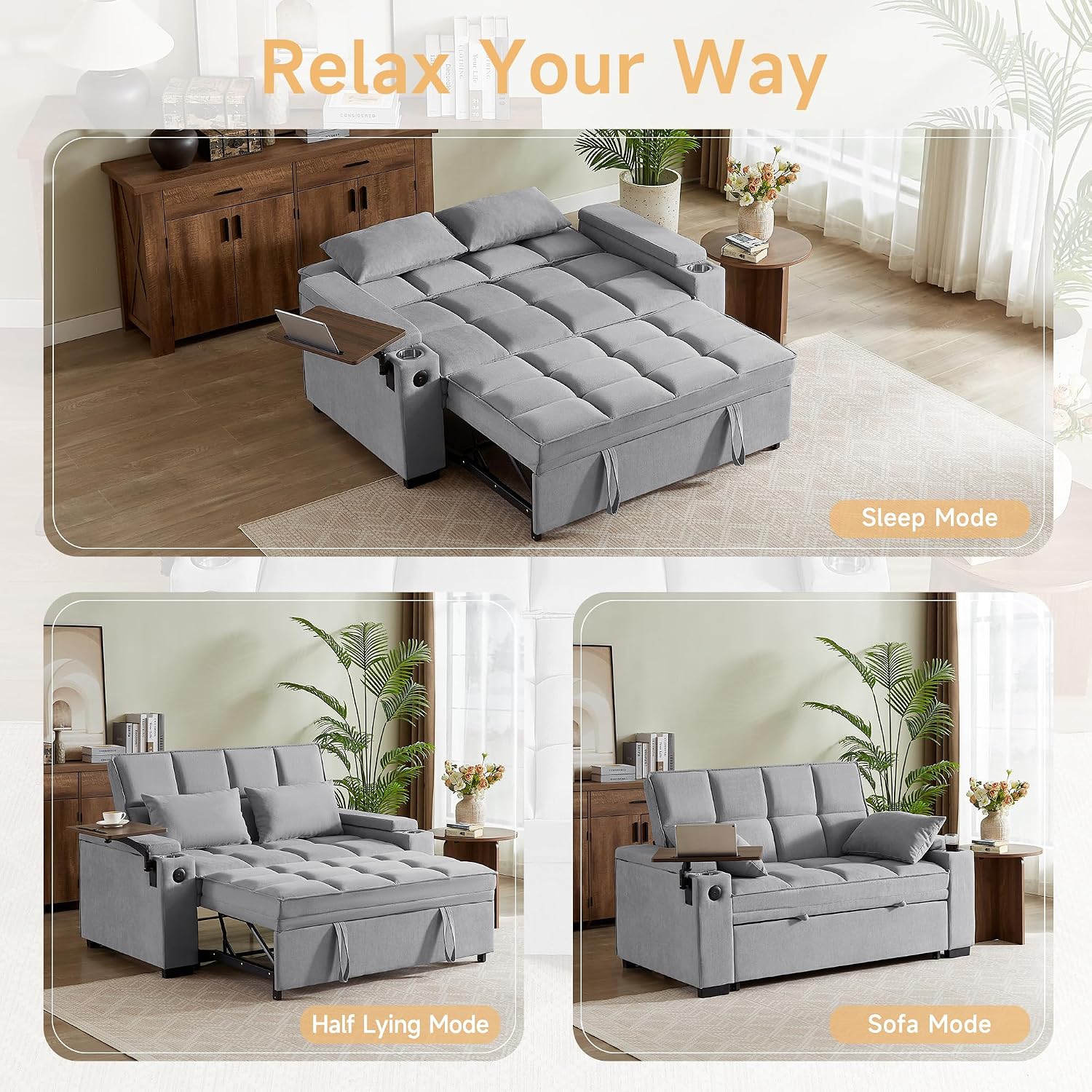 hansones 66' Multi-Functional Pull-Out Sofa Bed with Hidden Side Table, Storage Armrests, Built-in Charging Port, Spring Mattress, Solid Wood Frame – Ideal for Small Spaces, Easy Assembly