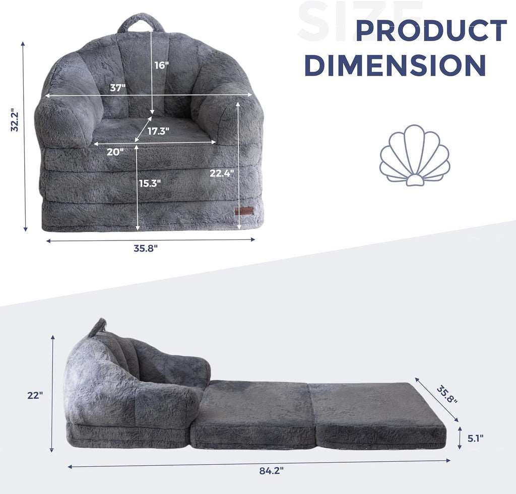 MAXYOYO Folding Sofa Bed, 2 in 1 Convertible Sofa to Lounger Comfy Single Bean Bag Chair for Adults, Floor Sleeper Couch with Handle, Faux Fur Couch Bed for Living Room Bedroom, Grey