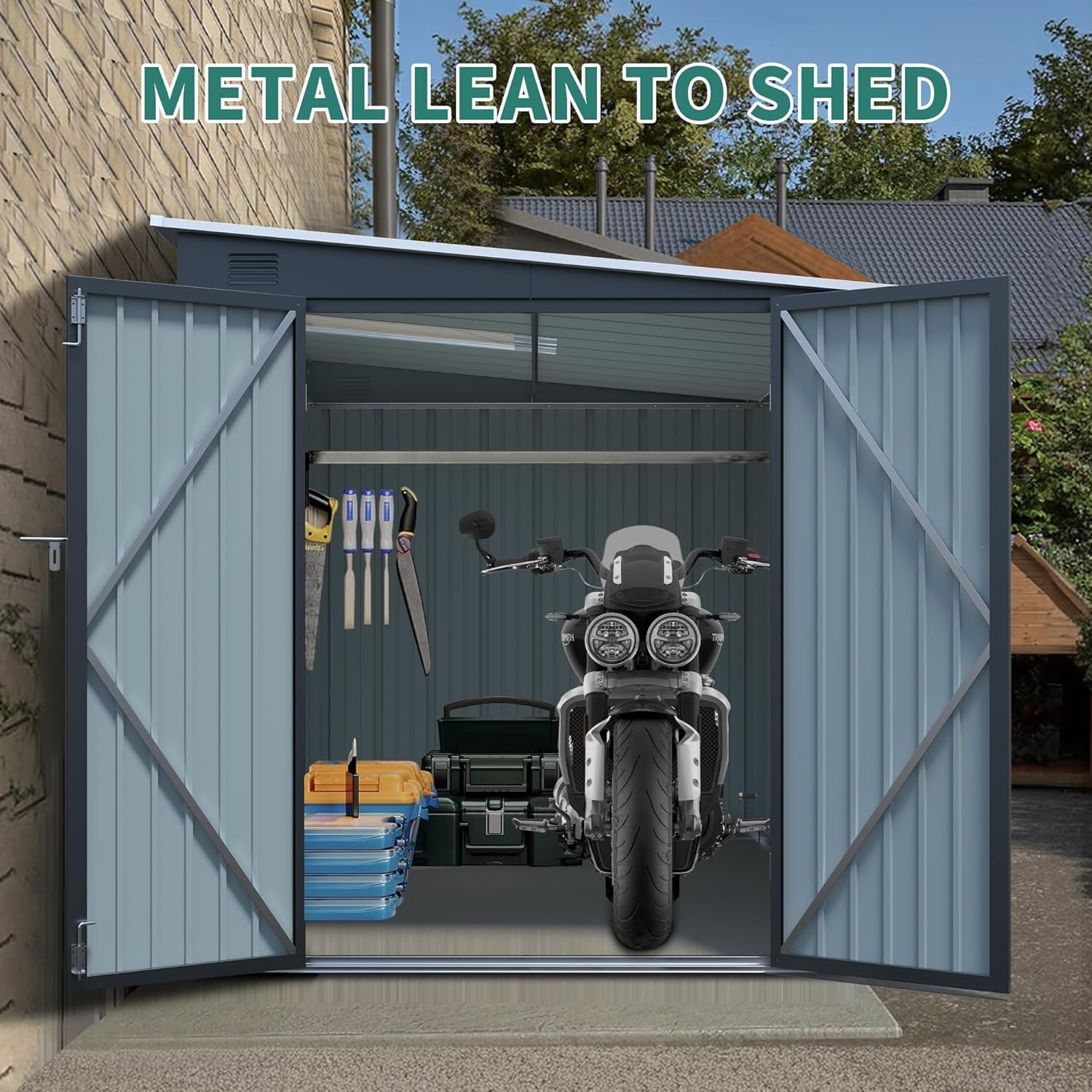 Metal Storage Shed, 6x8ft Shed Without Floor with Polycarbon Panel and Lockable Doors, Garden Backyard Outdoor Tool Shed, for Bike Lawnmower