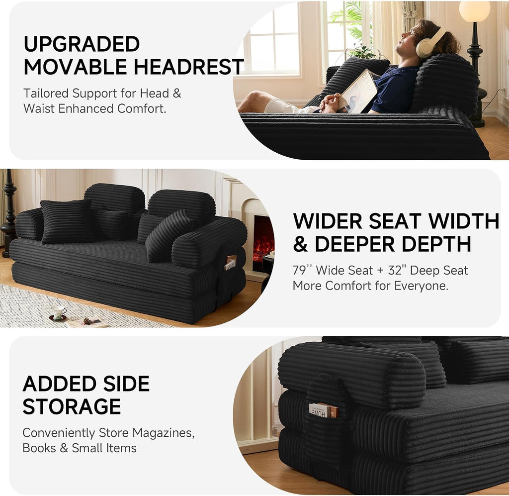79' Sofa Bed, Deep Seat 32' Sleeper Sofa, 5-in-1 Convertible Sofa Bed, Boneless Couch in a Box, Corduroy Floor Futon with Thickened backrest and Headrest Pillows, Side Pockets, Black