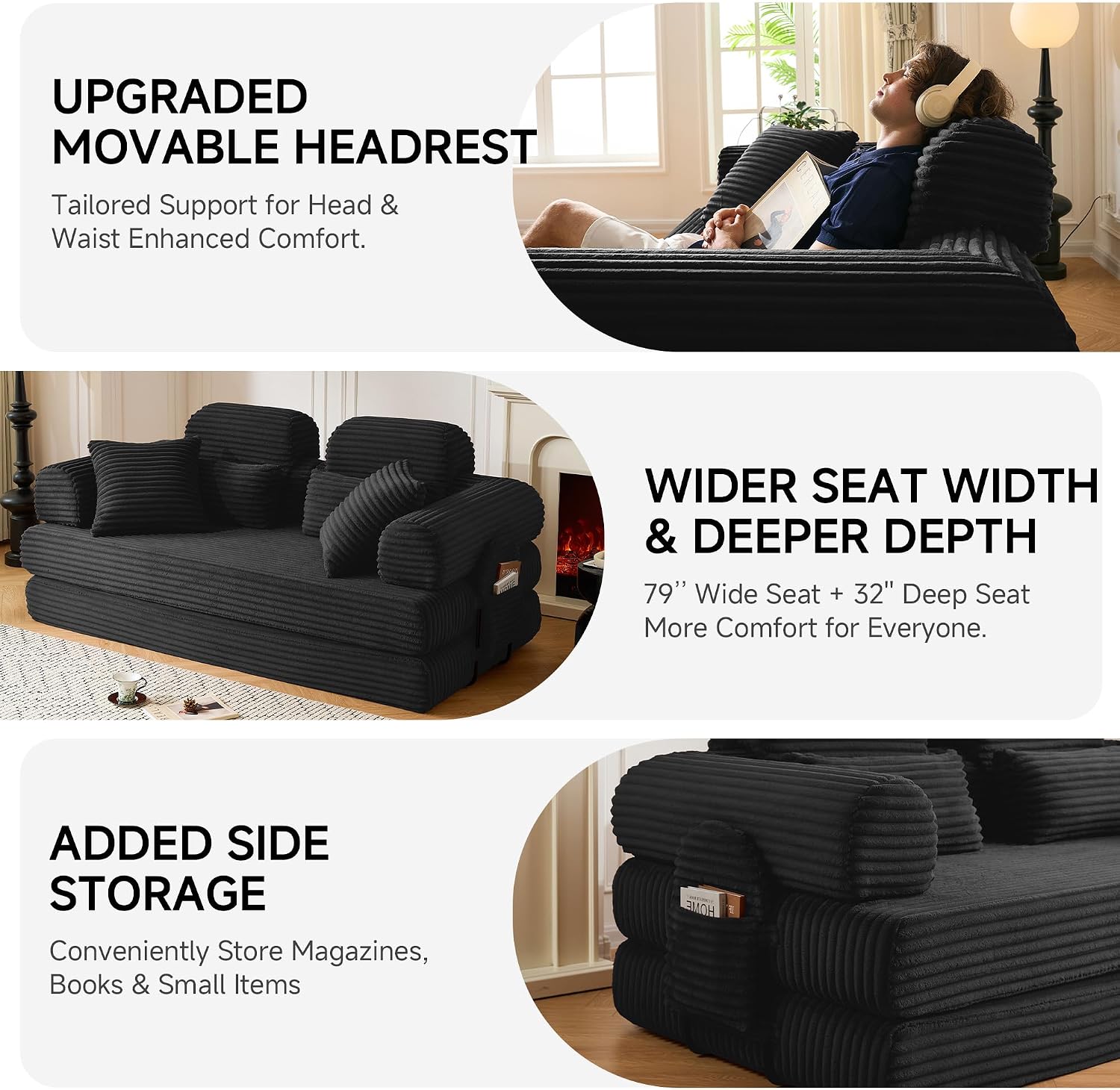 79' Sofa Bed, Deep Seat 32' Sleeper Sofa, 5-in-1 Convertible Sofa Bed, Boneless Couch in a Box, Corduroy Floor Futon with Thickened backrest and Headrest Pillows, Side Pockets, Black