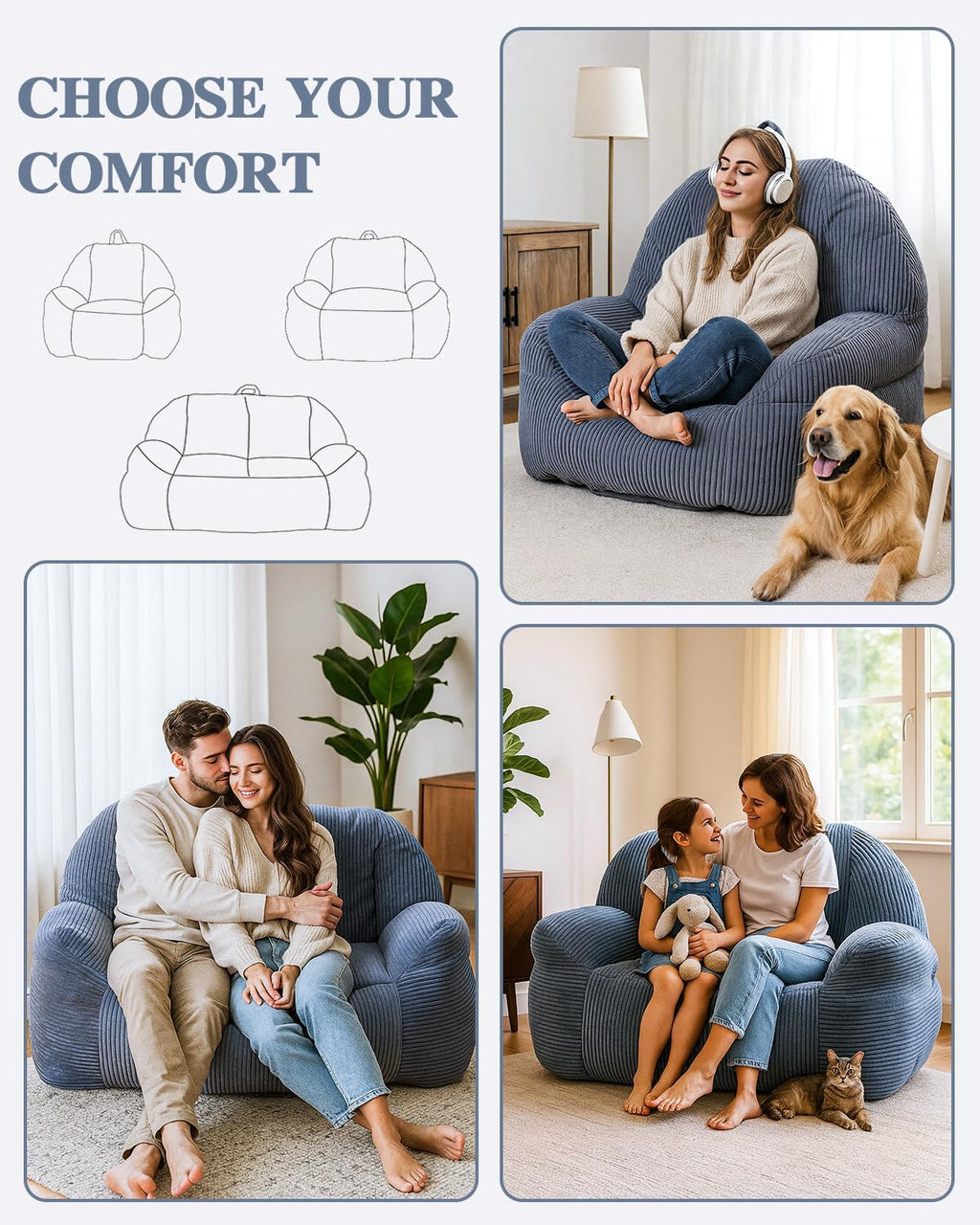 Lamerge Ergonomic Bean Bag Chair for Adults, Faux Fur Fluffy Sofa Chair with High-Density Memory Foam, Grey Comfy Bean Bag Couch for Reading, Gaming (38' Bean Bag Chair)