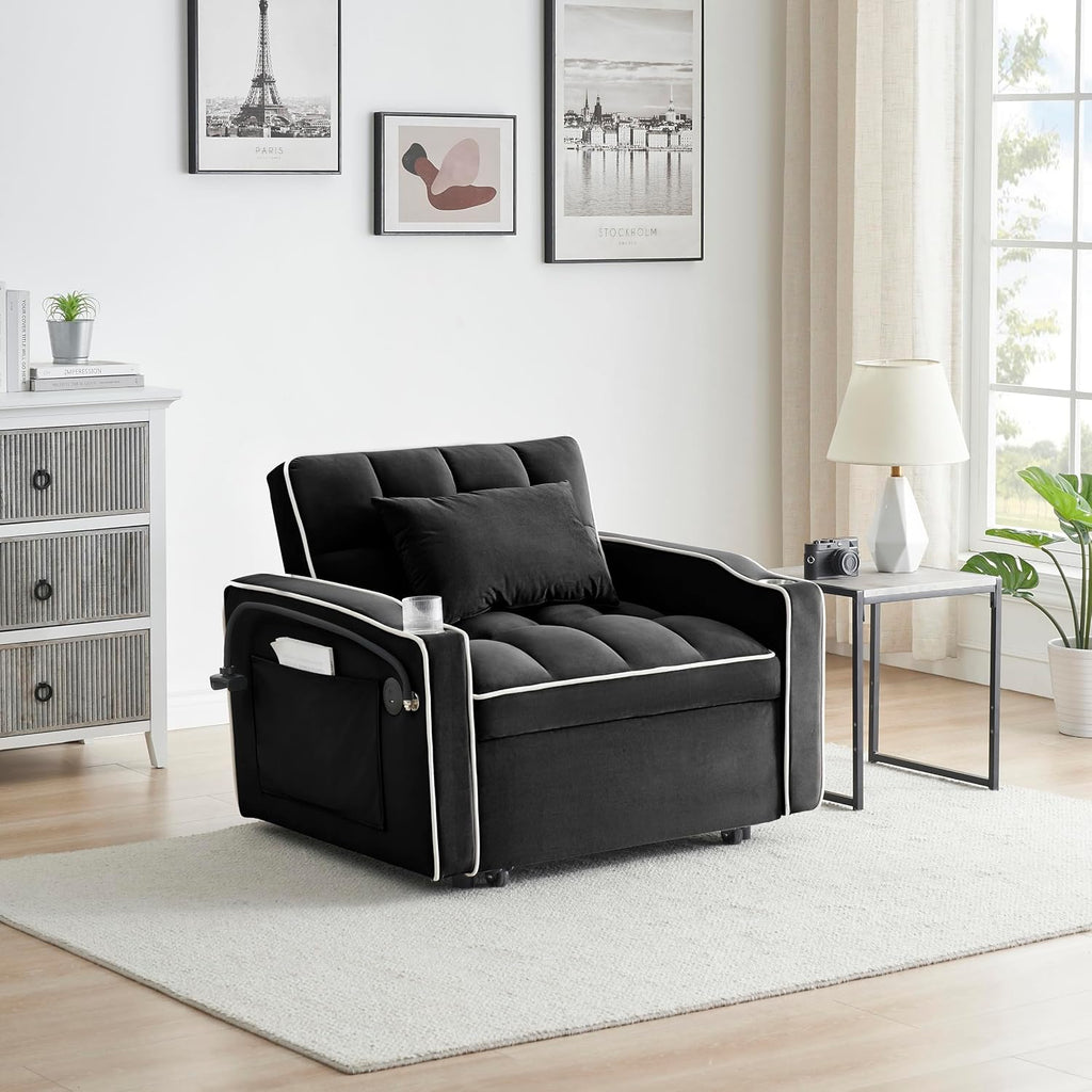 3-in-1 Convertible Sleeper Sofa Bed Chair with Cup Holders & Phone Holder, Futon Chair Bed with Pull Out Couch Adjustable Backrest, Modern Velvet Chaise Lounge for Living Room Bedroom (Black, 35.43')