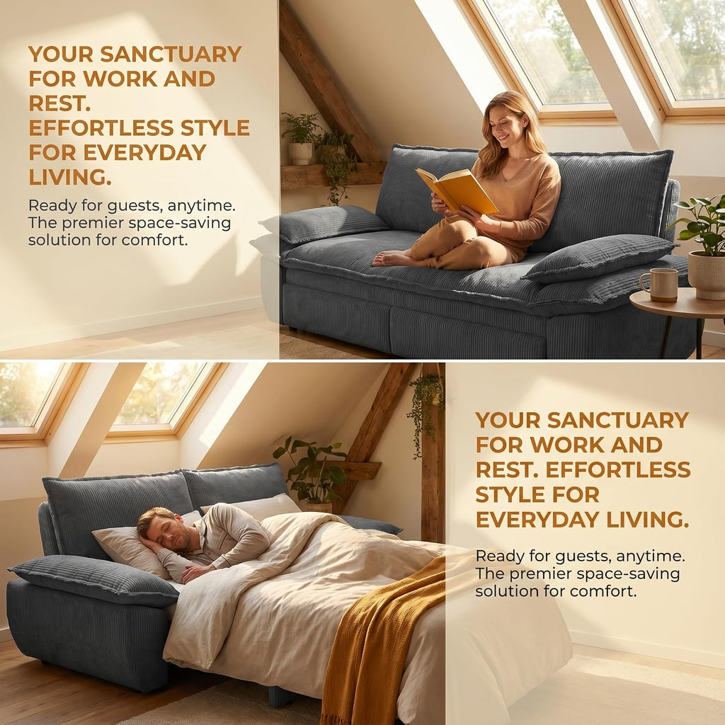 73.2' Sofa Bed Queen, 3-in-1 Pull Out Sofa Bed with Pillow Armrest, Modern Corduroy Convertible Sleeper Futon Sofa for Living Room Small Space, Apartment, Bedroom, Grey