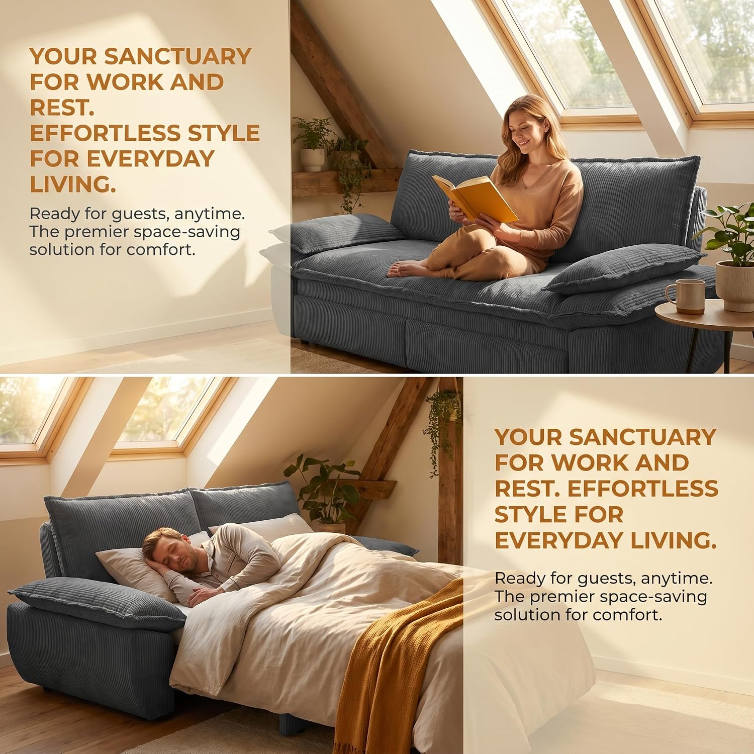 73.2' Sofa Bed Queen, 3-in-1 Pull Out Sofa Bed with Pillow Armrest, Modern Corduroy Convertible Sleeper Futon Sofa for Living Room Small Space, Apartment, Bedroom, Grey
