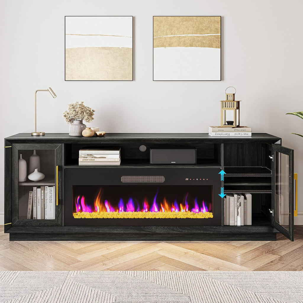 BELLEZE 74' Extra Large TV Stand for TVs Up to 85', Media Console Table with 42' Electric Fireplace Heater, Entertainment Center with Storage Cabinets for Living Room - Black Ebony